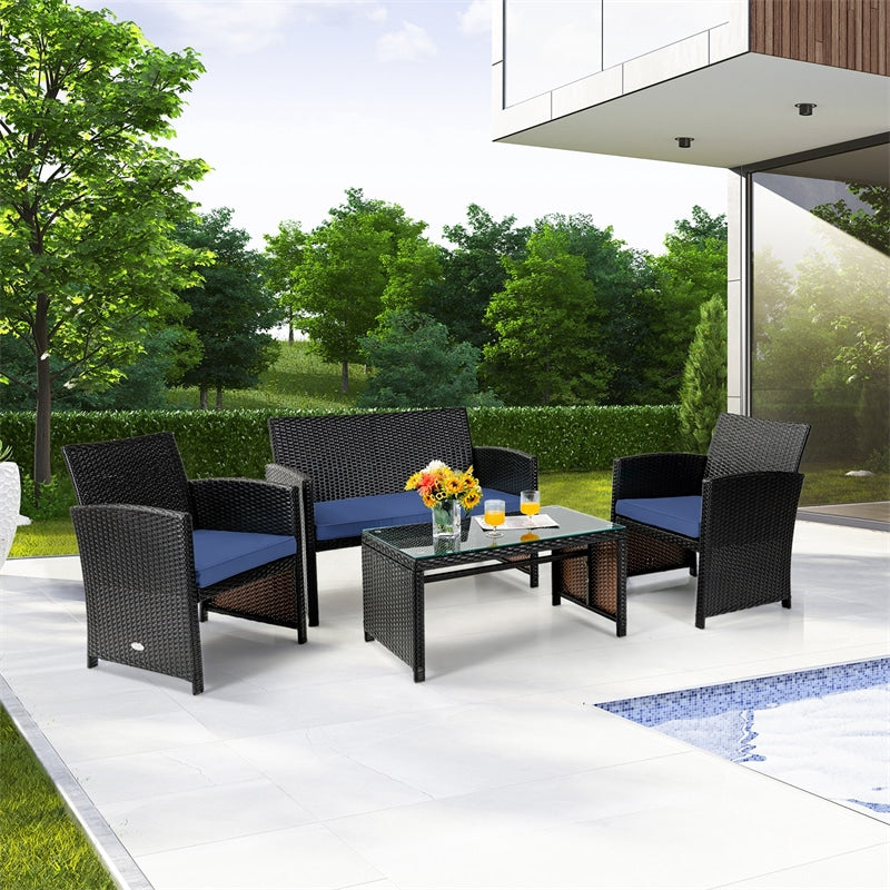 4 Piece Patio Rattan Conversation Set Cushioned Furniture Set with Loveseat & Coffee Table