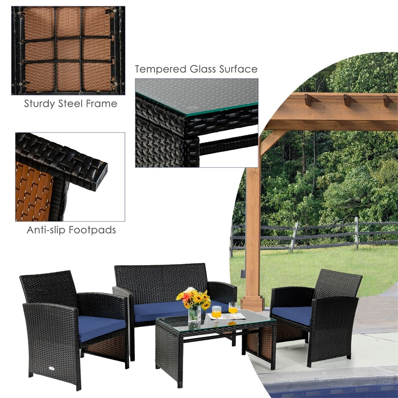 4 Piece Patio Rattan Conversation Set Cushioned Furniture Set with Loveseat & Coffee Table