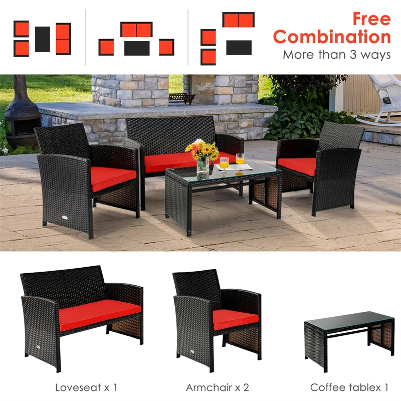 4 Piece Patio Rattan Conversation Set Cushioned Furniture Set with Loveseat & Coffee Table