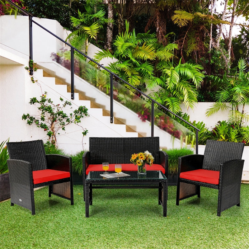 4 Piece Patio Rattan Conversation Set Cushioned Furniture Set with Loveseat & Coffee Table