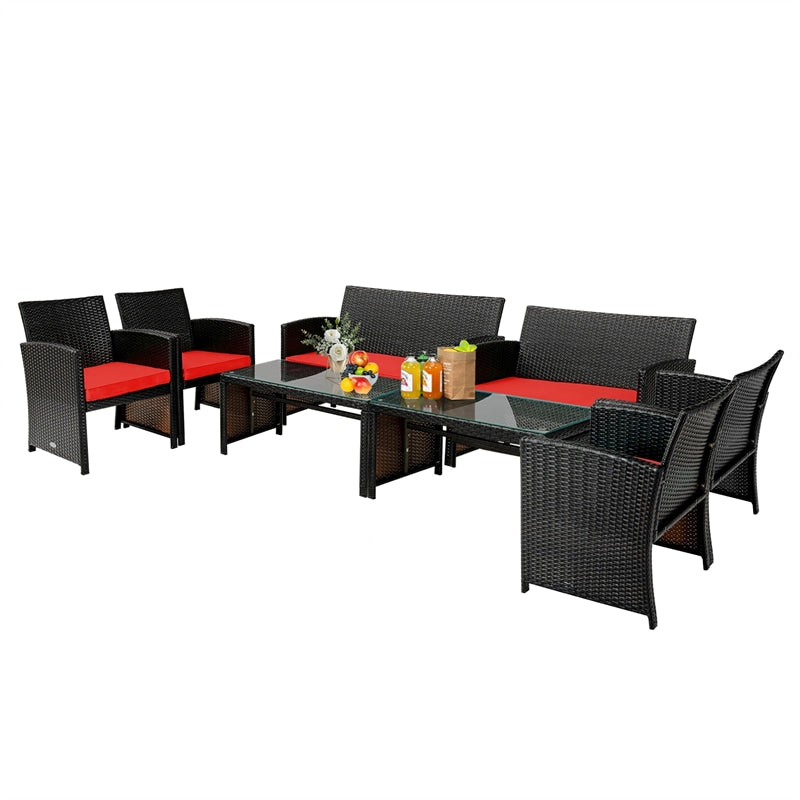 4 Piece Patio Rattan Conversation Set Cushioned Furniture Set with Loveseat & Coffee Table