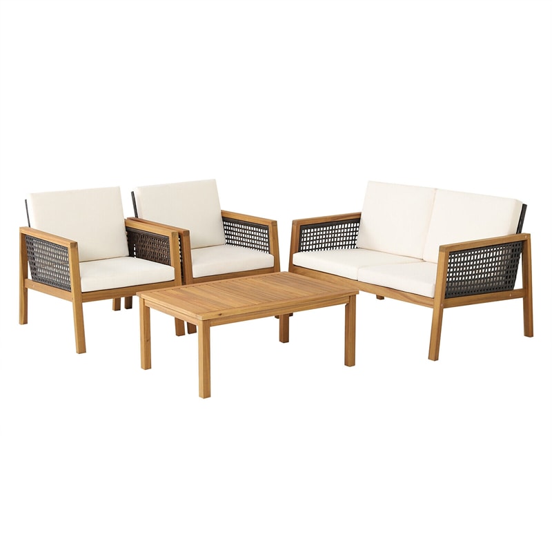 4 Piece Acacia Wood Rattan Patio Conversation Set with Acacia Wood Coffee Table & Soft Cushions