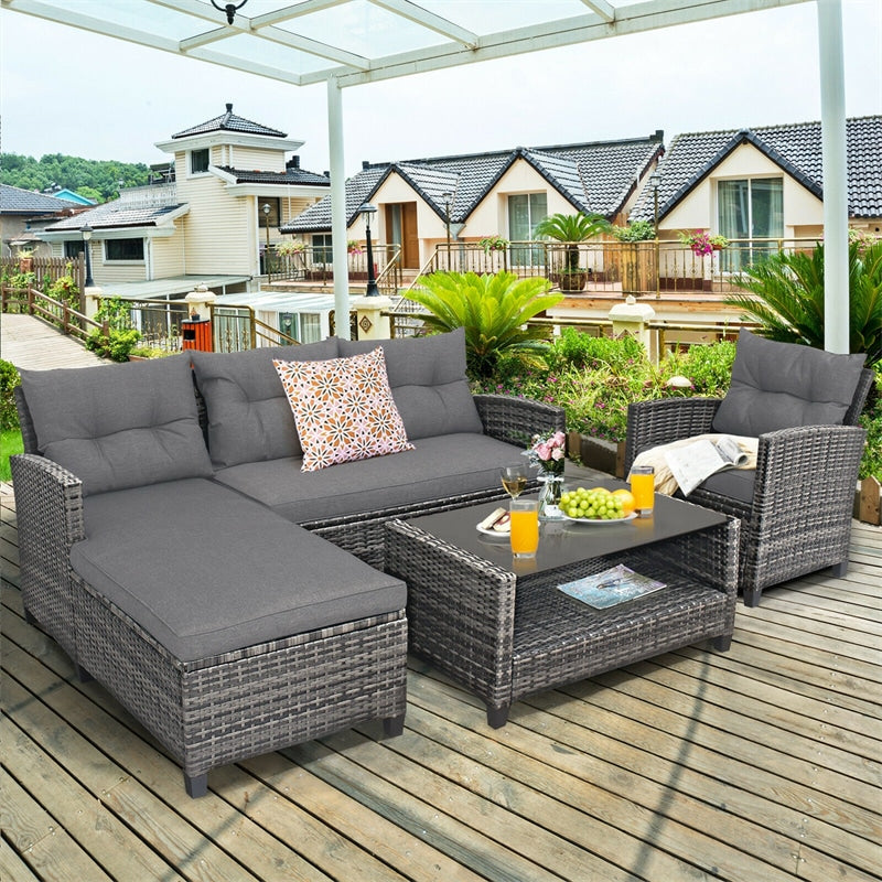 4 Piece Rattan Patio Conversation Set Wicker Outdoor Sectional Sofa Set with Coffee Table & Cushions