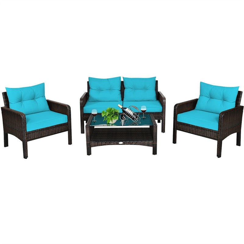 4 Piece Outdoor Wicker Furniture Set Rattan Patio Conversation Set with Coffee Table & Cushions