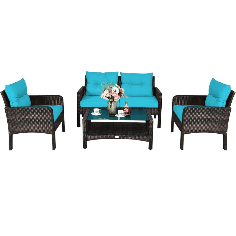 4 Piece Outdoor Wicker Furniture Set Rattan Patio Conversation Set with Coffee Table & Cushions