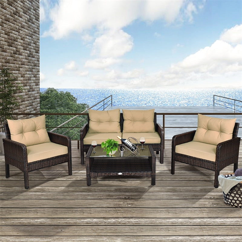 4 Piece Outdoor Wicker Furniture Set Rattan Patio Conversation Set with Coffee Table & Cushions