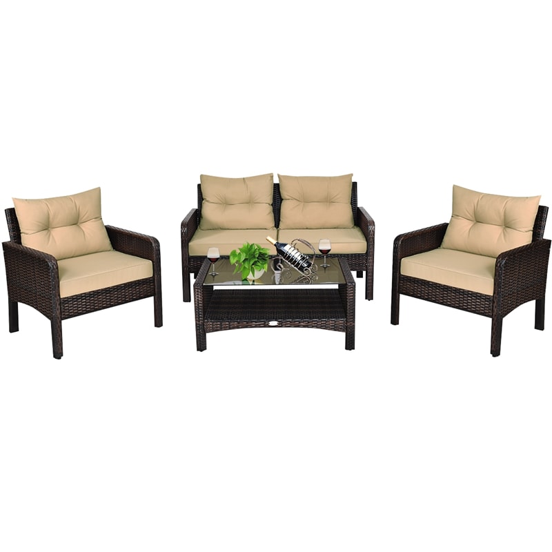 4 Piece Outdoor Wicker Furniture Set Rattan Patio Conversation Set with Coffee Table & Cushions