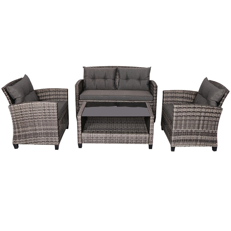 4 Piece Wicker Rattan Patio Conversation Set Garden Seating Group with Cushions & Coffee Table