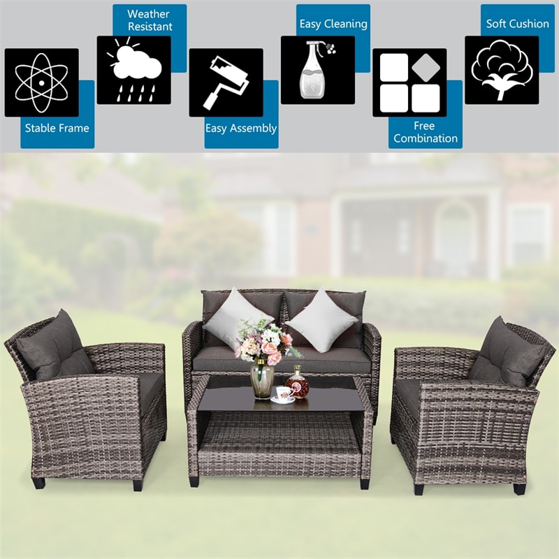 4 Piece Wicker Rattan Patio Conversation Set Garden Seating Group with Cushions & Coffee Table