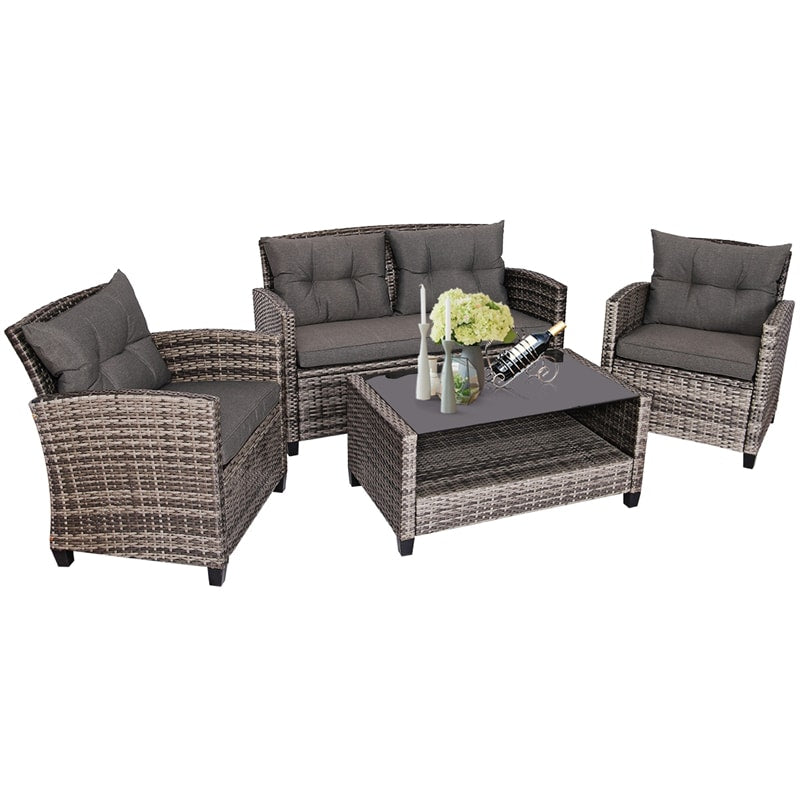 4 Piece Wicker Rattan Patio Conversation Set Garden Seating Group with Cushions & Coffee Table