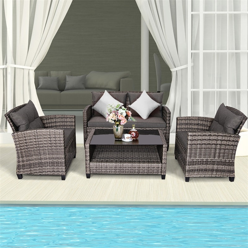 4 Piece Wicker Rattan Patio Conversation Set Garden Seating Group with Cushions & Coffee Table