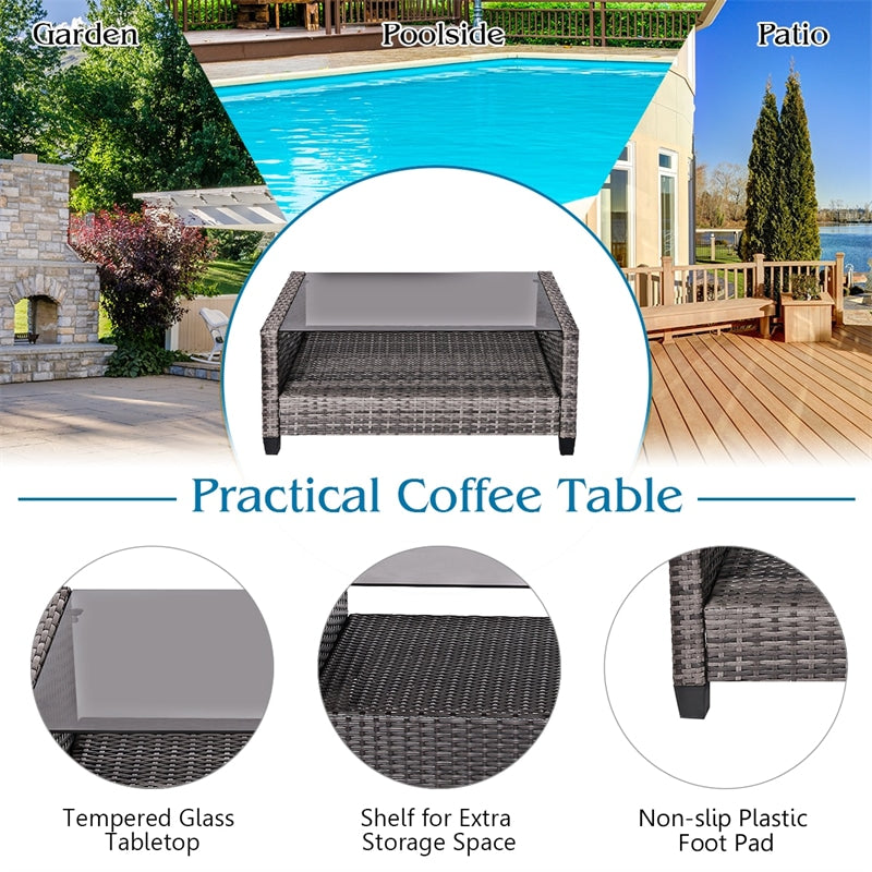 4 Piece Wicker Rattan Patio Conversation Set Garden Seating Group with Cushions & Coffee Table