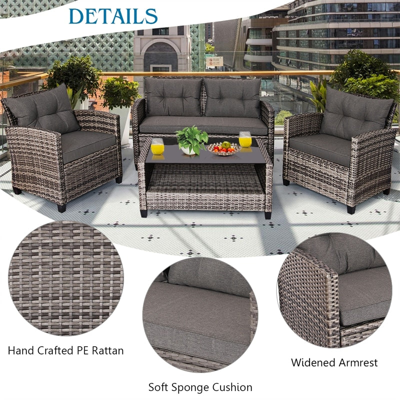 4 Piece Wicker Rattan Patio Conversation Set Garden Seating Group with Cushions & Coffee Table