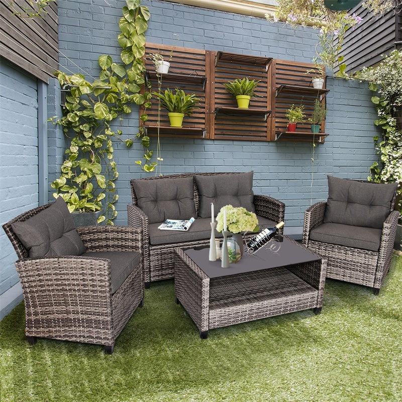 4 Piece Wicker Rattan Patio Conversation Set Garden Seating Group with Cushions & Coffee Table