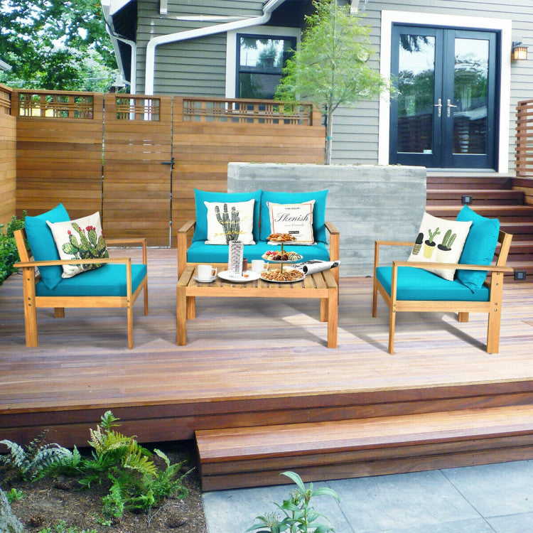 4 Pieces Acacia Wood Chat Set with Water Resistant Cushions for Pool & Outdoor Patio