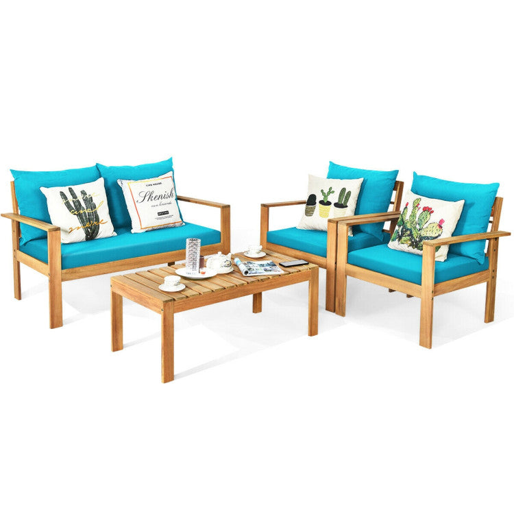 4 Pieces Acacia Wood Chat Set with Water Resistant Cushions for Pool & Outdoor Patio