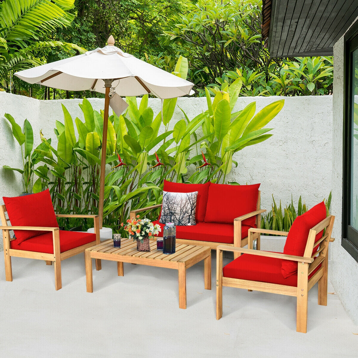 4 Pieces Acacia Wood Chat Set with Water Resistant Cushions for Pool & Outdoor Patio