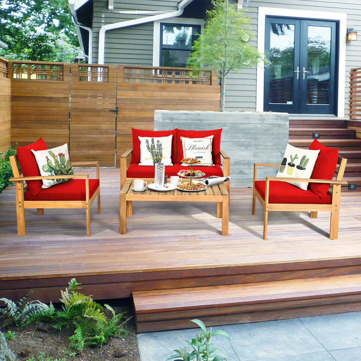 4 Pieces Acacia Wood Chat Set with Water Resistant Cushions for Pool & Outdoor Patio