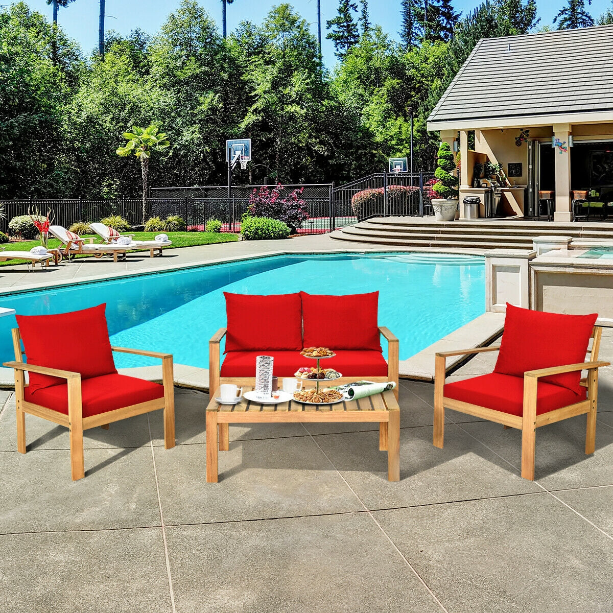 4 Pieces Acacia Wood Chat Set with Water Resistant Cushions for Pool & Outdoor Patio