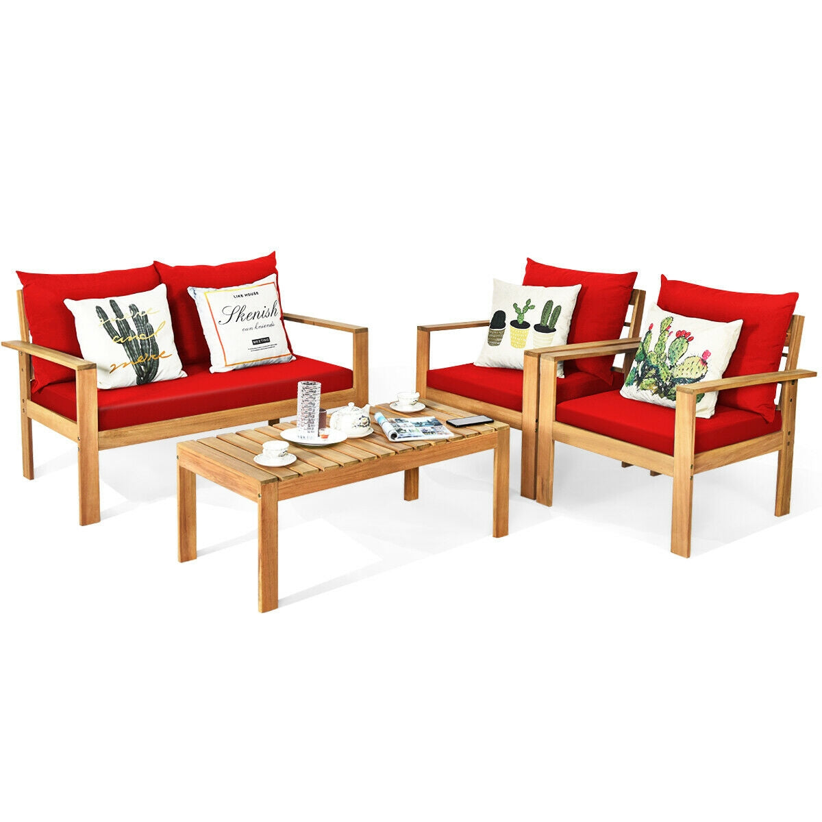 4 Pieces Acacia Wood Chat Set with Water Resistant Cushions for Pool & Outdoor Patio