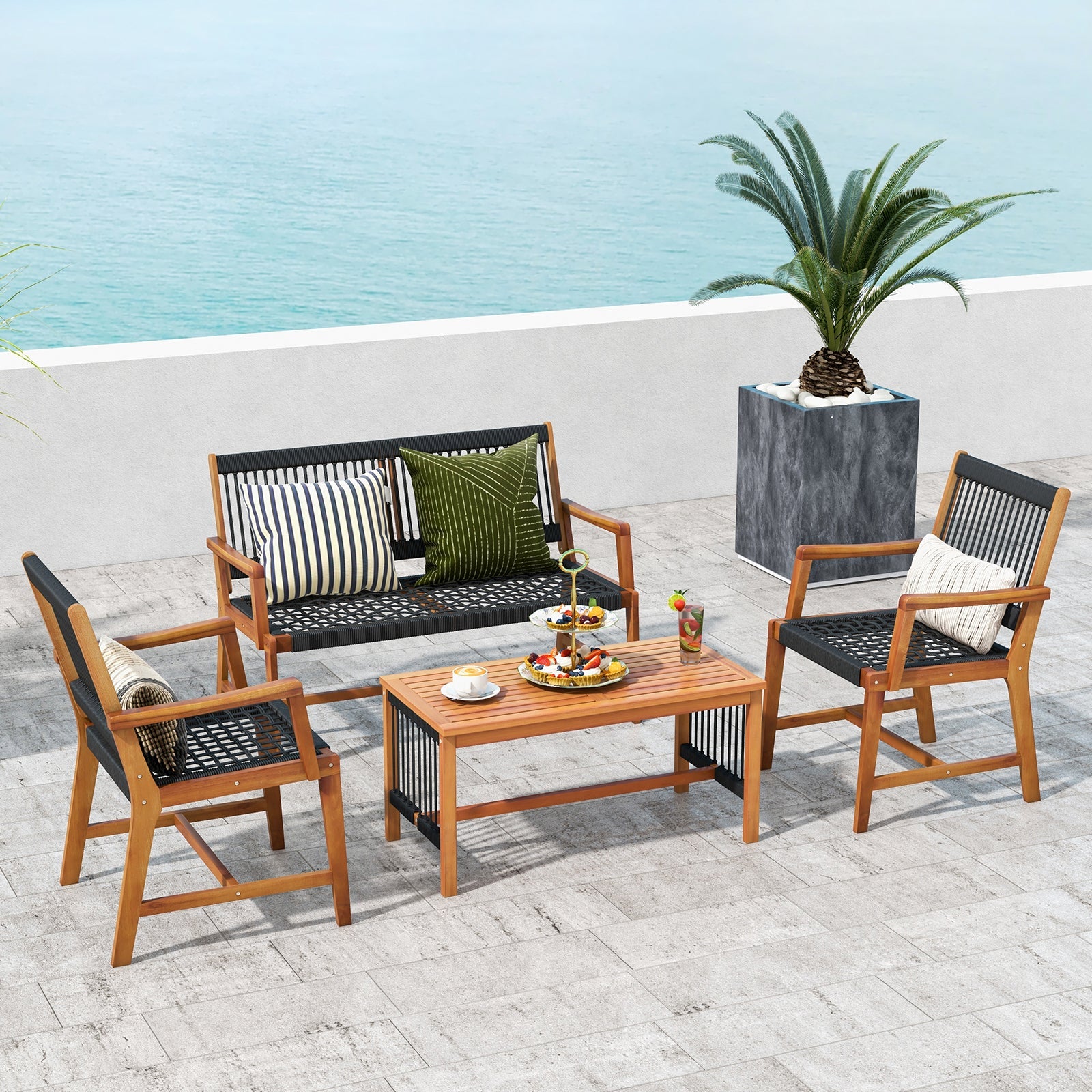 4 Pieces Acacia Wood Conversation Table and Chair Set with Hand Woven Rope for Outdoor Patio