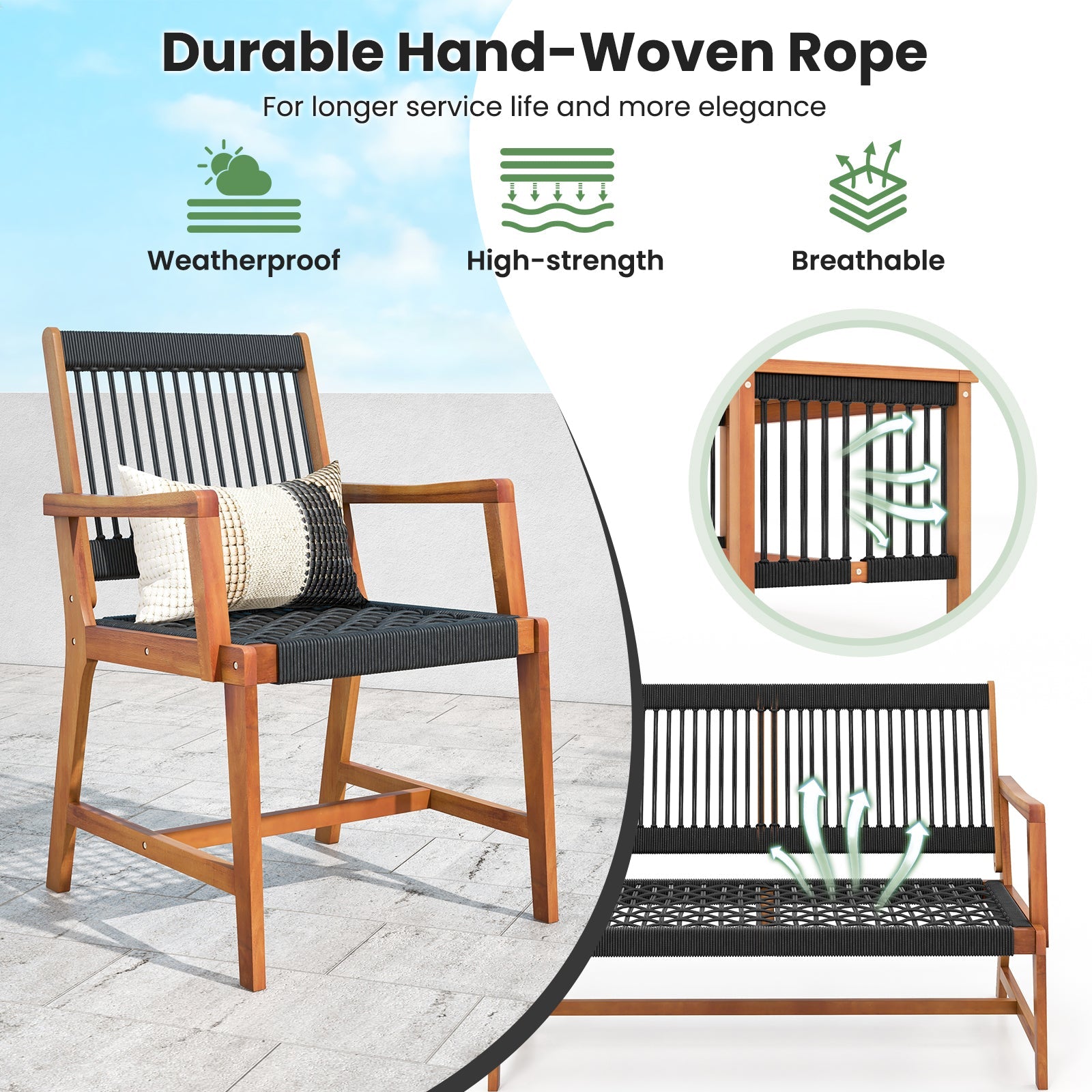 4 Pieces Acacia Wood Conversation Table and Chair Set with Hand Woven Rope for Outdoor Patio