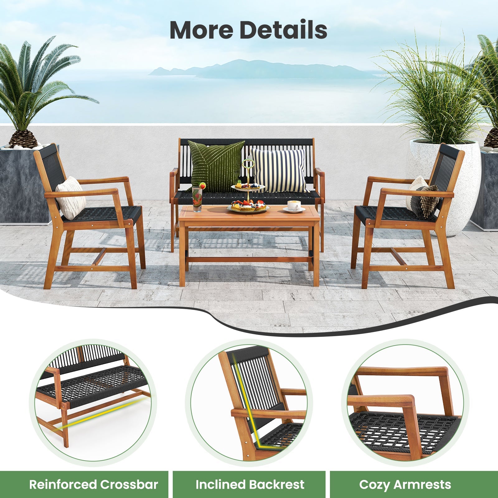 4 Pieces Acacia Wood Conversation Table and Chair Set with Hand Woven Rope for Outdoor Patio