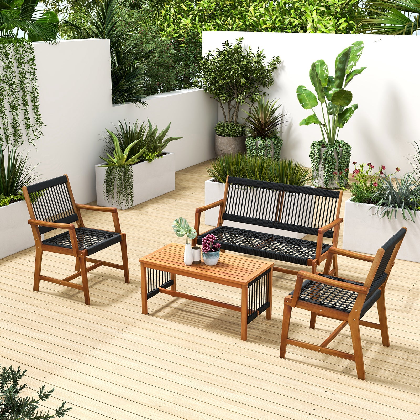 4 Pieces Acacia Wood Conversation Table and Chair Set with Hand Woven Rope for Outdoor Patio