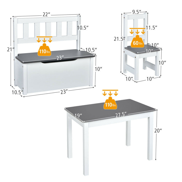 4 Pieces Kids Wooden Table and Chairs Set with Storage Bench  for Home and Kindergarten