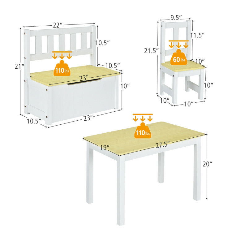 4 Pieces Kids Wooden Table and Chairs Set with Storage Bench  for Home and Kindergarten