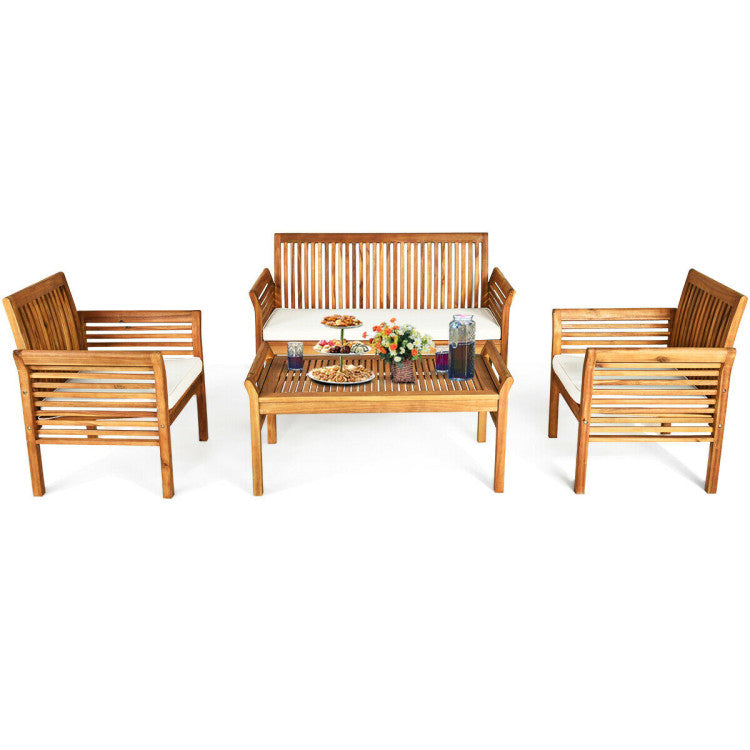 4 Pieces Outdoor Acacia Wood Sofa Furniture Set with Cushions