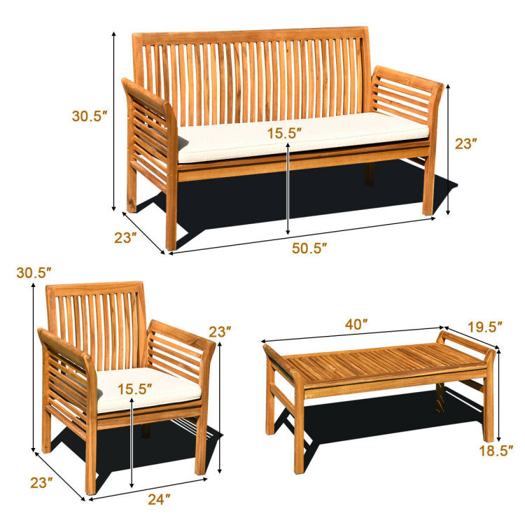 4 Pieces Outdoor Acacia Wood Sofa Furniture Set with Cushions