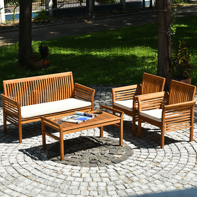 4 Pieces Outdoor Acacia Wood Sofa Furniture Set with Cushions