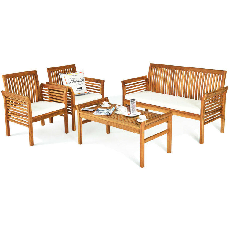 4 Pieces Outdoor Acacia Wood Sofa Furniture Set with Cushions