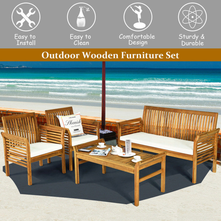 4 Pieces Outdoor Acacia Wood Sofa Furniture Set with Cushions