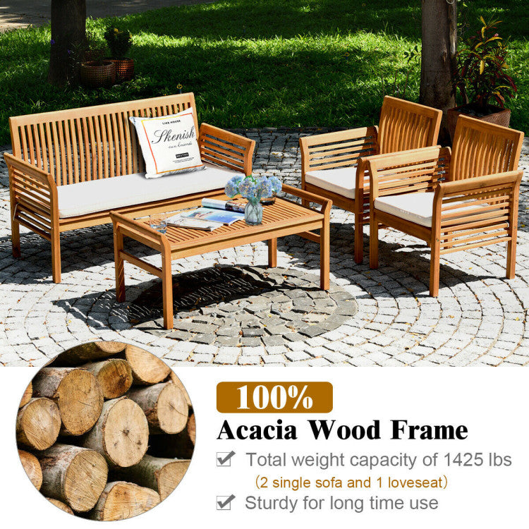 4 Pieces Outdoor Acacia Wood Sofa Furniture Set with Cushions