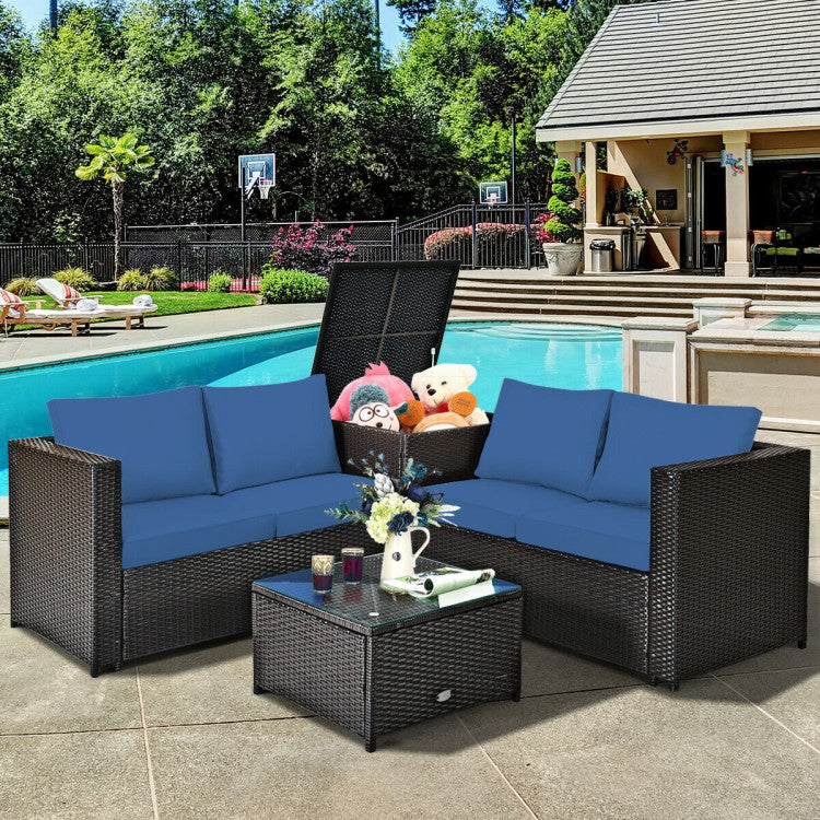 4 Pieces Outdoor Patio Rattan Furniture Set with Cushions and Storage Box