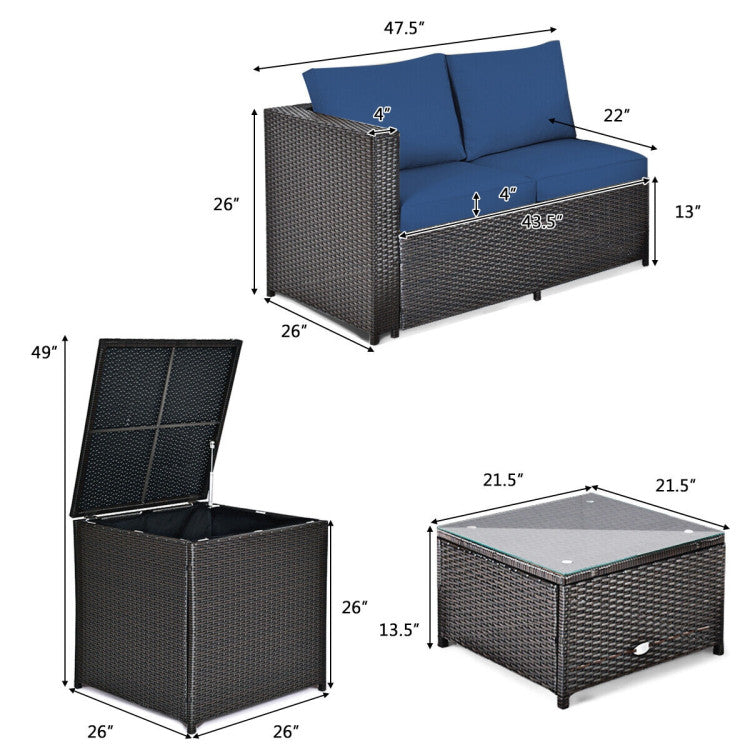 4 Pieces Outdoor Patio Rattan Furniture Set with Cushions and Storage Box