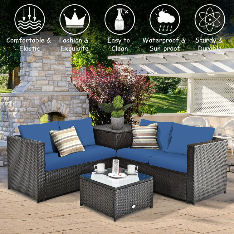 4 Pieces Outdoor Patio Rattan Furniture Set with Cushions and Storage Box