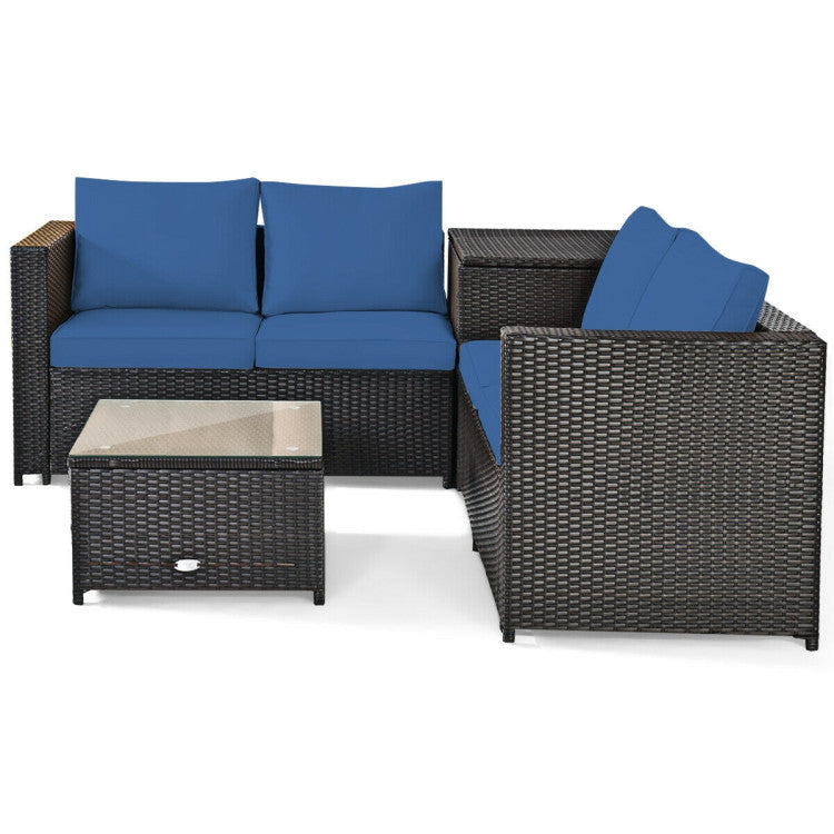 4 Pieces Outdoor Patio Rattan Furniture Set with Cushions and Storage Box