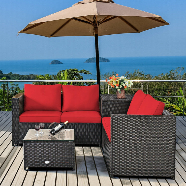 4 Pieces Outdoor Patio Rattan Furniture Set with Cushions and Storage Box