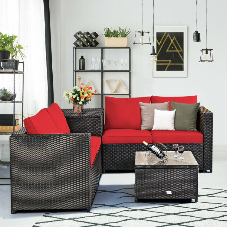 4 Pieces Outdoor Patio Rattan Furniture Set with Cushions and Storage Box