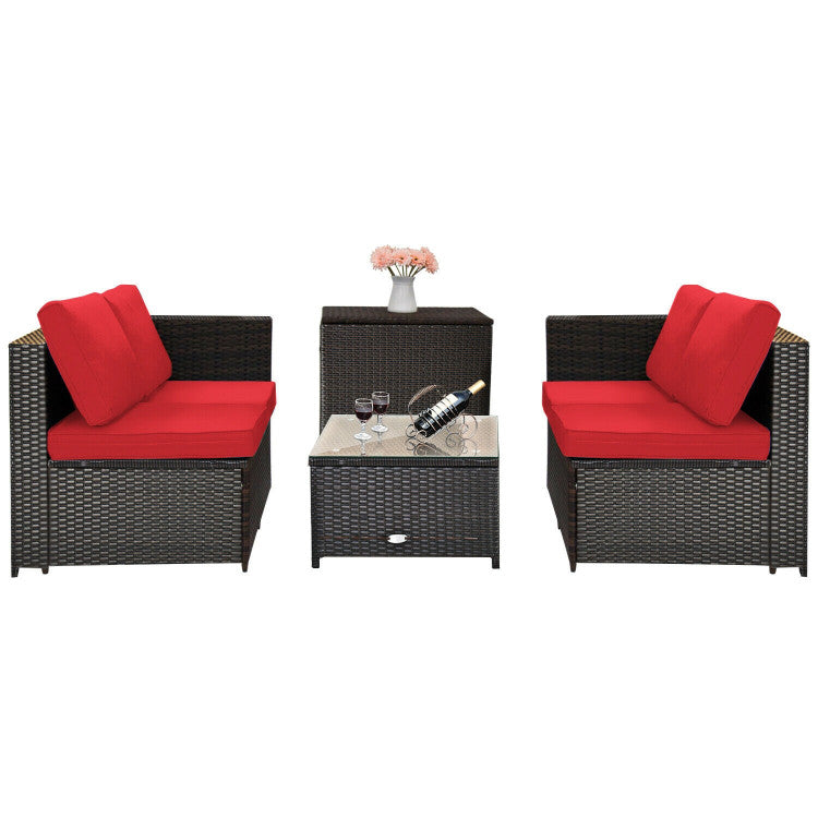 4 Pieces Outdoor Patio Rattan Furniture Set with Cushions and Storage Box