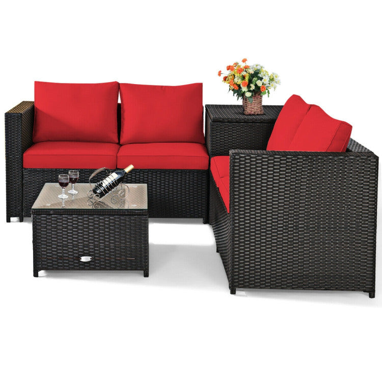 4 Pieces Outdoor Patio Rattan Furniture Set with Cushions and Storage Box