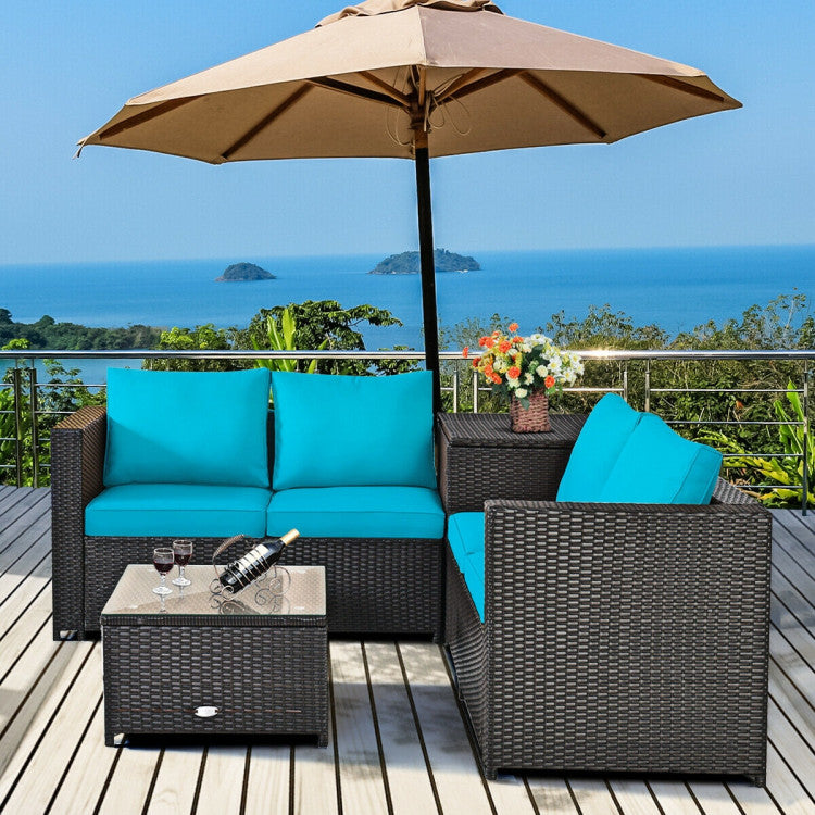 4 Pieces Outdoor Patio Rattan Furniture Set with Cushions and Storage Box