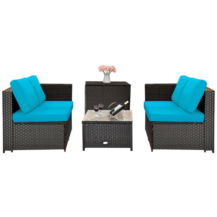 4 Pieces Outdoor Patio Rattan Furniture Set with Cushions and Storage Box