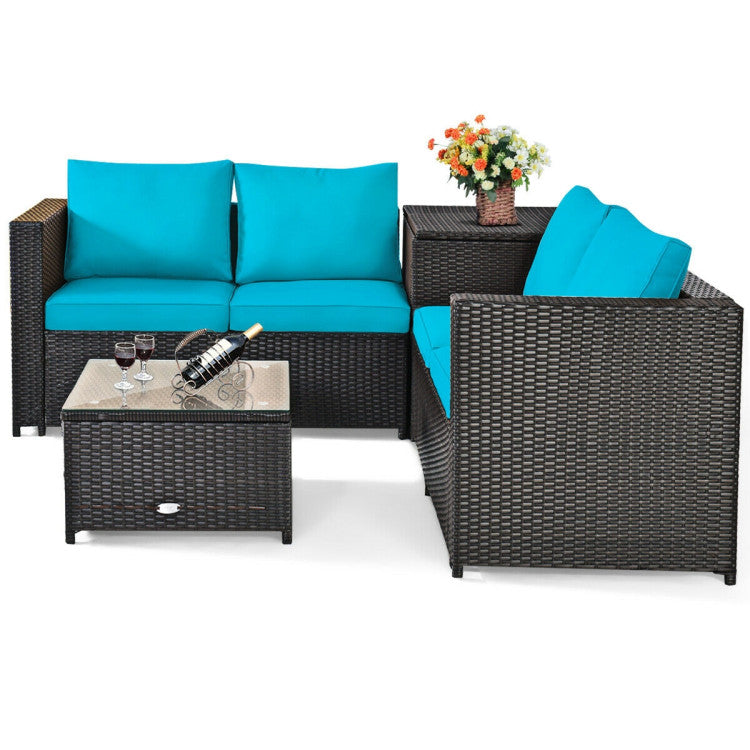 4 Pieces Outdoor Patio Rattan Furniture Set with Cushions and Storage Box