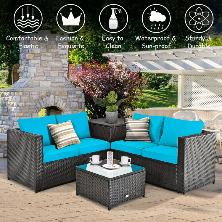 4 Pieces Outdoor Patio Rattan Furniture Set with Cushions and Storage Box