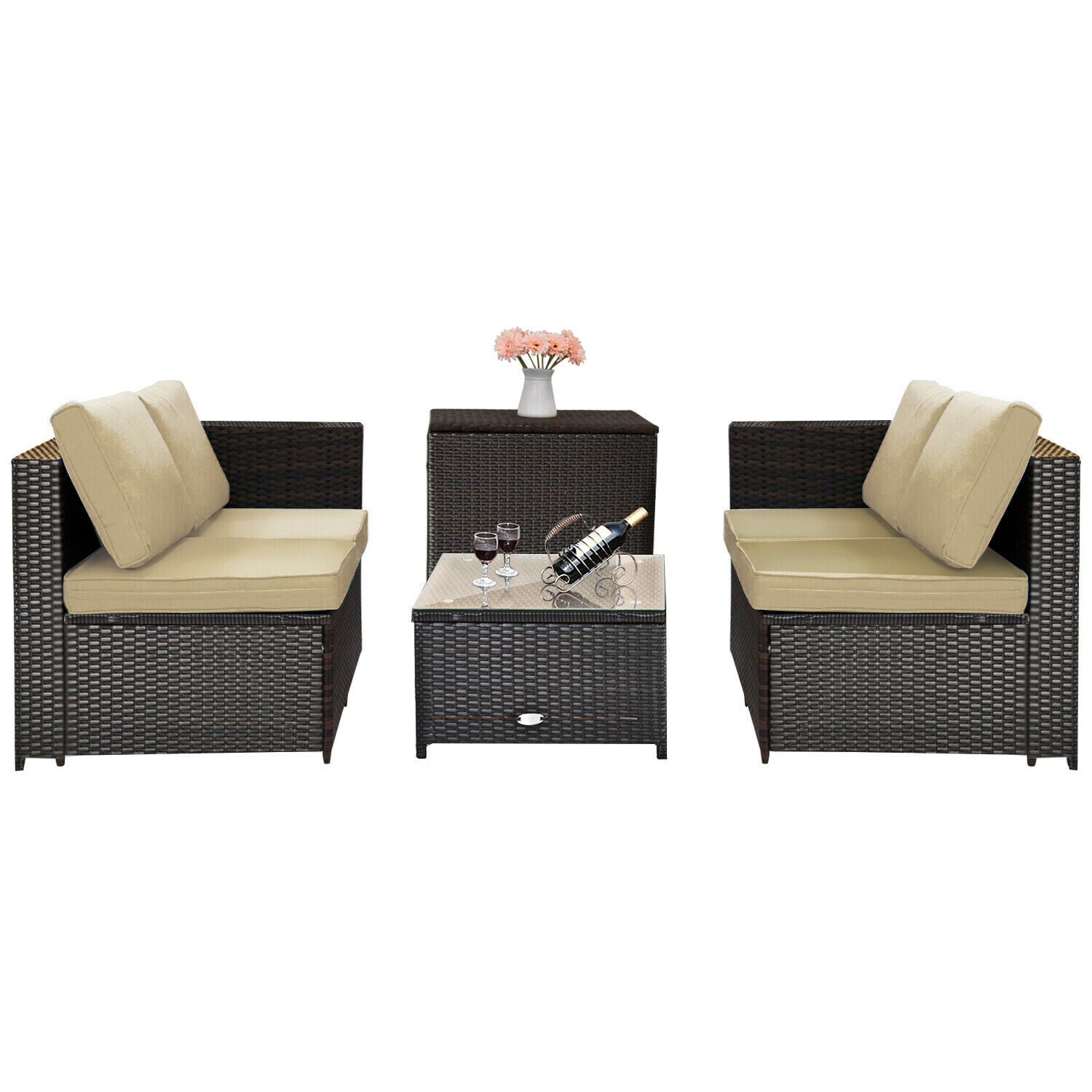 4 Pieces Outdoor Patio Rattan Furniture Set with Cushions and Storage Box