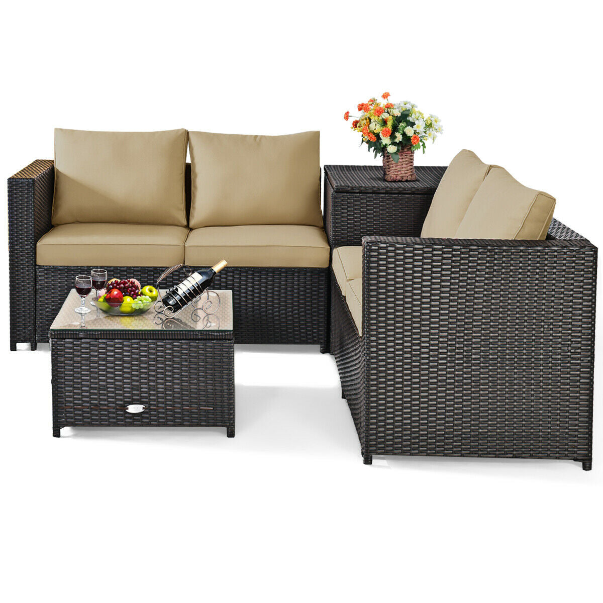 4 Pieces Outdoor Patio Rattan Furniture Set with Cushions and Storage Box